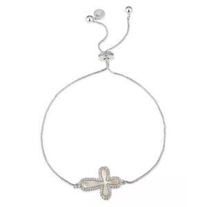 Unwritten Gratitude & Grace Silver Plate CZ Mother-of-Pearl Cross Bolo Bracelet